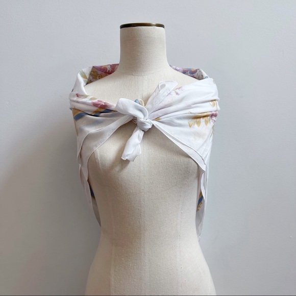 Cotton White Pink Summer Floral Square Scarf Made in Italy - Picture 5 of 9